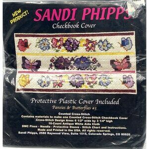 Cross-Stitch Kit Checkbook Cover Pansies Butterflies #3 Cover Sandi Phipps VTG